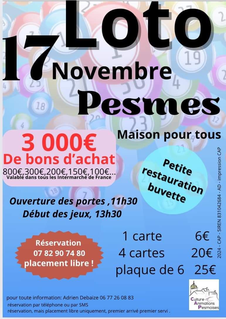 LOTO CULTURE ET ANIMATIONS PESMOISES LE 17 NOVEMBRE A LA MAISON POUR TOUS