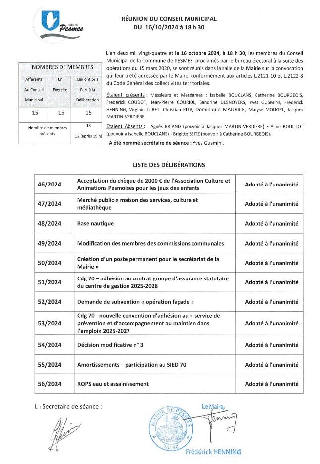 LISTE DES DELIBERATIONS DU CONSEIL MUNICIPAL DU 16 OCTOBRE 2024