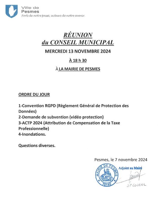 CONVOCATION DU CONSEIL MUNICIPAL DU 13 NOVEMBRE 2024