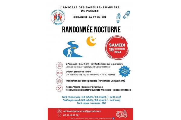 RANDONNEE NOCTURNE DES SAPEURS POMPIERS DE PESMES LE SAMEDI 19 OCTOBRE 2024