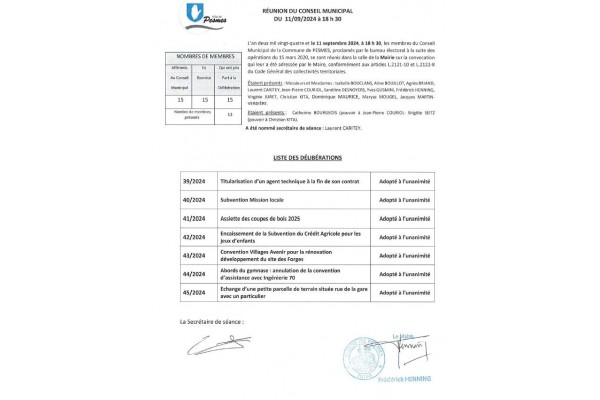 LISTE DES DELIBERATIONS DU 11 SEPTEMBRE 2024