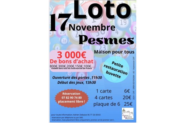 LOTO CULTURE ET ANIMATIONS PESMOISES LE 17 NOVEMBRE A LA MAISON POUR TOUS