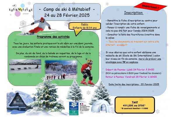 CAMP DE SKI A METABIEF DU 25 AU 28 FEVRIER 2025