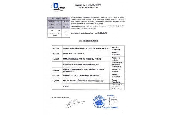 LISTE DES DELIBERATIONS DU 04 DECEMBRE 2024